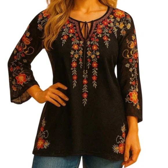 Johnny Was Tops - Johnny Was Autumn Bloom Tunic Size Medium Blouse Top Bohemian V-Neck Embrodiery